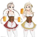  2girls absurdres ahoge alternate_costume apron bangs bare_shoulders beer_mug blonde_hair bodice braid circlet closed_mouth commission commissioner_upload cup dirndl dress fire_emblem fire_emblem_fates garter_straps german_clothes grey_eyes grey_hair hairband highres holding holding_cup long_hair looking_at_viewer mug multiple_girls nina_(fire_emblem) oktoberfest ophelia_(fire_emblem) shuffledyandere skirt thighhighs twin_braids waist_apron 