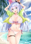  1girl :d arms_behind_head arms_up ass_visible_through_thighs ball beach beachball bikini blue_eyes breasts cameltoe chiune_(yachi) cleavage commentary_request cowboy_shot day frilled_bikini frills front-tie_bikini front-tie_top green_jacket hair_ribbon halterneck highres holding jacket large_breasts leg_up long_hair looking_at_viewer navel one_side_up open_clothes open_jacket open_mouth original outdoors ribbon short_sleeves side-tie_bikini silver_hair skindentation smile solo stomach string_bikini summer sunlight swimsuit thigh_gap thigh_strap thighs white_bikini 