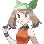  1girl bangs bare_arms blurry blush breasts brown_hair collared_dress commentary_request dress eyelashes gloves green_bandana grey_eyes grin jeri20 looking_at_viewer may_(pokemon) medium_hair orange_dress pokemon pokemon_(game) pokemon_emerald pokemon_rse shiny shiny_hair simple_background sleeveless smile solo teeth upper_body white_background white_gloves 