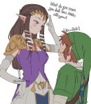  1boy 1girl absurdres blonde_hair blush breasts brown_hair dress earrings gloves green_tunic hanaberin hat height_difference highres jewelry link long_hair open_mouth pointy_ears pointy_hat princess_zelda sidelocks sword sword_on_back the_legend_of_zelda the_legend_of_zelda:_skyward_sword the_legend_of_zelda:_twilight_princess time_paradox tunic weapon weapon_on_back 