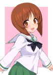  1girl :d absurdres black_bow black_neckwear blush bob_cut border bow bowtie brown_eyes brown_hair girls_und_panzer green_skirt highres inverted_bob long_sleeves looking_at_viewer miniskirt nishizumi_miho ooarai_school_uniform open_mouth pink_background pleated_skirt sailor_collar school_uniform serafuku shirt simple_background skirt smile solo try_(lsc) white_border white_sailor_collar white_shirt 