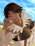  1boy :d blue_sky brown_hair dark-skinned_male dark_skin fire_emblem fire_emblem_engage fogado_(fire_emblem) jewelry kiyuu long_sleeves looking_at_viewer male_focus necklace open_mouth short_hair sky smile solo star-shaped_pupils star_(symbol) symbol-shaped_pupils teeth upper_body 