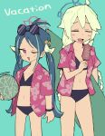  2girls ;d ahoge alternate_costume antenna_hair belly bikini black_bikini black_wristband blue_archive blue_hair blue_halo bow braid closed_eyes floral_print_shirt food forehead fruit fubuki_(blue_archive) green_background hair_bow hair_ornament halo heart heart_hair_ornament highres holding holding_food holding_fruit holding_surfboard kirino_(blue_archive) long_hair multicolored_hair multiple_girls navel one_eye_closed open_mouth pink_eyes pink_halo pink_shirt pinkport round_eyewear shirt simple_background smile standing surfboard swept_bangs swimsuit thighs thumbs_up twin_braids twintails vacation very_long_hair white_bow white_hair 