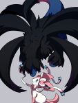  :3 animal_focus black_fur black_sclera blue_eyes blue_skin closed_mouth colored_sclera colored_skin grey_background highres hydreigon mafumuffin multiple_heads no_humans pokemon pokemon_(creature) prehensile_ribbon purple_eyes simple_background sylveon tail white_fur 