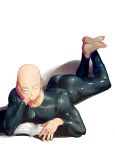  1boy ass bald barefoot black_bodysuit bodysuit emochikaoya feet_up full_body hand_on_own_face head_rest looking_down lying male_focus on_stomach one-punch_man reading saitama_(one-punch_man) shadow simple_background skin_tight solo toned toned_male white_background 
