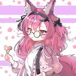  ... 1girl absurdres alternate_costume animal_ear_fluff animal_ears arknights bag bat_hair_ornament black_bow black_hairband bow candy commentary food food_in_mouth fox_ears fox_girl fox_tail glasses hair_bow hair_ornament hairband highres holding holding_candy holding_food holding_lollipop lollipop long_hair long_sleeves looking_at_viewer mouth_hold pink_hair puffy_long_sleeves puffy_sleeves round_eyewear shamare_(arknights) shirt shoulder_bag signature solo speech_bubble spoken_ellipsis star_sticker tail upper_body white_shirt yunduan_tianshang_de_long_yt 
