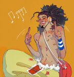  1boy absurdres black_hair blush closed_eyes commentary_request curly_hair earmuffs facial_hair goatee highres index_finger_raised just_noi long_hair long_nose male_focus musical_note one_piece open_mouth orange_background russian_commentary simple_background smile solo teeth topless_male usopp 