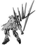  absurdres bazooka_(gundam) char&#039;s_counterattack fin_funnels funnels greyscale gun gundam highres holding holding_gun holding_weapon ishiyumi looking_down mecha mobile_suit monochrome no_humans nu_gundam science_fiction shield solo v-fin weapon white_background 