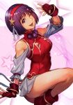  1girl asamiya_athena blush breasts earrings fingerless_gloves gloves hair_ornament hairband hungry_clicker jewelry looking_at_viewer medium_breasts one_eye_closed open_mouth purple_eyes purple_hair red_hairband short_hair smile snk solo star_(symbol) star_hair_ornament the_king_of_fighters the_king_of_fighters_xv 