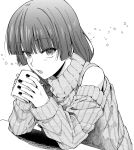  1girl bocchi_the_rock! cup greyscale hands_on_table highres hiroi_kikuri holding holding_cup looking_at_viewer lowlifescore monochrome mug nail_polish simple_background star_(symbol) sweater turtleneck white_background 