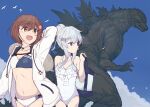  2girls alternate_breast_size bikini blue_eyes blue_sky breasts brown_eyes brown_hair casual_one-piece_swimsuit cloud commentary_request cowboy_shot crossover day flower frilled_one-piece_swimsuit frills godzilla godzilla_(series) godzilla_minus_one hair_flower hair_ornament hibiki_(kancolle) highres hood hooded_jacket jacket kaijuu kantai_collection long_hair minosu multiple_girls one-piece_swimsuit outdoors ponytail short_hair sky small_breasts smile swimsuit two-tone_bikini white_hair white_jacket white_one-piece_swimsuit yukikaze_(kancolle) 
