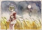  1girl full_moon green_hair hair_over_one_eye hand_on_own_chest highres japanese_clothes kimono kurage_nanami lala_(watashi_no_koko) moon night night_sky official_art open_mouth painting_(medium) red_eyes red_kimono short_hair sky solo traditional_media watashi_no_koko watercolor_(medium) wheat_field 