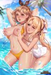  2girls arms_behind_head artist_name atelier_(series) atelier_ryza atelier_ryza_1 bikini bikini_top_pull blonde_hair blush bow braid breasts brown_hair choker cloud day earrings exlic from_behind grabbing grabbing_another&#039;s_breast green_eyes hair_bow hair_ornament highres jewelry klaudia_valentz large_breasts lipstick long_hair looking_at_another makeup multiple_girls navel nipples ocean one_eye_closed open_mouth outdoors palm_tree patreon_username pendant reisalin_stout short_hair side_braid sky smile swimsuit teasing tree uncensored water water_bubbles wet yuri 