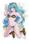  1girl animal_print bikini blue_hair boots breasts character_name closed_mouth commentary_request cone_horns full_body highres horns jumping long_hair looking_at_viewer lum navel one_eye_closed print_footwear s2_(stwo) sidelocks small_breasts small_horns smile solo striped_horns swimsuit tiger_print urusei_yatsura v very_long_hair yellow_eyes yellow_horns 