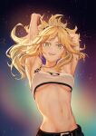  1girl :d absurdres armpits arms_behind_head arms_up bare_shoulders belt blonde_hair breasts commentary_request crop_top denim fate/apocrypha fate_(series) green_eyes hair_ornament hair_scrunchie highres jewelry long_hair looking_at_viewer medium_breasts midriff mordred_(fate) mordred_(fate/apocrypha) mordred_(memories_at_trifas)_(fate) navel no_jacket open_mouth pendant ponytail red_scrunchie scrunchie smile solo stomach tostarin underboob 
