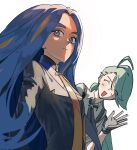  2girls black_gloves blue_eyes blue_hair blush closed_eyes closed_mouth geeta_(pokemon) gloves green_hair hair_over_one_eye highres long_hair multicolored_hair multiple_girls necktie open_mouth pokemon pokemon_sv rika_(pokemon) simple_background upper_body very_long_hair vpfjfevol waving white_background 