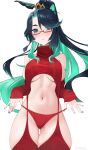  1girl absurdres aqua_eyes bare_shoulders black_hair blush breasts cloud_retainer_(genshin_impact) colored_inner_hair detached_sleeves genshin_impact glasses green_hair hair_ornament highres jewelry large_breasts long_hair looking_at_viewer meme_attire multicolored_hair navel panties red-framed_eyewear reiko_lape ribbed_panties ribbed_sleeves ribbed_thighhighs simple_background solo sweater thick_thighs thighhighs thighs turtleneck two-tone_hair underboob underwear very_long_hair virgin_destroyer_sweater white_background xianyun_(genshin_impact) 