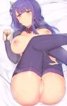  1girl anus ass bangs bed_sheet blush breasts censored closed_mouth feet_out_of_frame genshin_impact hair_ornament highres large_breasts long_hair lying mukka nipples on_back purple_hair purple_legwear pussy raiden_(genshin_impact) red_eyes solo thighhighs 