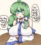  1girl blue_eyes blush breasts detached_sleeves english_text frog_hair_ornament green_eyes green_hair hair_ornament hair_tubes kochiya_sanae large_breasts long_hair looking_at_viewer meme mountain_of_faith notnoe_(dxcl) open_mouth retro_games_sanae_(meme) shirt single_hair_tube single_sidelock snake snake_hair_ornament solo speech_bubble touhou 