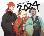  1girl 2024 2boys beard black_hair blonde_hair closed_mouth commentary_request dark-skinned_male dark_skin earrings facial_hair flower green_eyes green_kimono grey_eyes hair_flower hair_ornament haori happy_new_year highres honda_(honndamaria) japanese_clothes jewelry kimono long_hair lusamine_(pokemon) lysandre_(pokemon) multiple_boys mustache open_mouth orange_hair pokemon pokemon_sm pokemon_swsh pokemon_xy red_flower red_kimono rose_(pokemon) short_hair simple_background smile sweat trait_connection white_background 