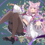  1girl absurdres animal_ear_fluff animal_ears black_pantyhose breasts choker cropped_shirt flower hair_ornament hakui_koyori hakui_koyori_(1st_costume) haru_yu hexagon_hair_ornament highres hololive lab_coat long_hair medium_breasts navel necktie open_mouth pantyhose pink_hair pink_necktie purple_eyes shirt smile solo tail thigh_strap virtual_youtuber white_shirt wolf_ears wolf_girl wolf_tail 