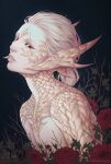  1girl au_ra black_sclera colored_sclera dark_background dragon_horns final_fantasy final_fantasy_xiv flower highres horns lips onyrica pale_skin scales scar scar_across_eye short_hair solo web_address white_hair yellow_eyes 