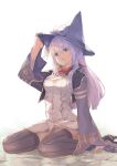  1girl black_thighhighs blue_eyes breasts fantasy_earth_zero gloves half_gloves hand_on_headwear hat high_heels highres long_hair looking_at_viewer purple_hair ryouku sitting small_breasts solo sorcerer_(binoche_outfit)_(fantasy_earth_zero) sorcerer_(fantasy_earth_zero) thighhighs wariza witch_hat 
