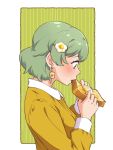  1girl biting bread bread_slice butter earrings eating edomon-do food food-themed_earrings food-themed_hair_ornament fried_egg from_side green_background green_hair hair_ornament hairclip highres jewelry long_sleeves looking_down original shirt short_hair solo toast upper_body white_background yellow_shirt 