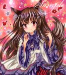  1girl animal_ear_fluff animal_ears brown_hair closed_mouth dress embellished_costume fingernails flower frilled_dress frills hands_up imaizumi_kagerou lace-trimmed_dress lace_trim long_hair long_sleeves looking_at_viewer marker_(medium) neck_ribbon petals purple_ribbon purple_trim red_eyes ribbon rui_(sugar3) sample_watermark smile solo tail tail_raised touhou traditional_media upper_body very_long_hair watermark white_dress white_flower wide_sleeves wolf_ears wolf_girl wolf_tail 