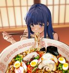  1girl blue_eyes blue_hair bowl chopsticks eating egg food furude_rika green_tank_top highres higurashi_no_naku_koro_ni holding holding_chopsticks looking_at_viewer noodles oversized_food oversized_object pork ramen seaweed solo tank_top uneasywolf 