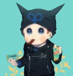  1boy animal_ear_headwear animal_ears aqua_background bag beanie black_eyes black_headwear black_jacket black_shirt black_sleeves blue_shirt blush_stickers brown_hair buttons candy cat_ears chocolate chocolate_bar closed_mouth collared_jacket commentary_request danganronpa_(series) danganronpa_v3:_killing_harmony fake_animal_ears fingernails food hat holding holding_bag holding_food hoshi_ryoma jacket kitkat kogarashi_8 layered_sleeves leaf leather leather_jacket long_sleeves looking_at_viewer male_focus mouth_hold partial_commentary plastic_bag pocket prison_clothes shirt short_hair simple_background smile solo striped striped_shirt two-tone_shirt upper_body very_short_hair zipper zipper_pull_tab 