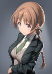  1girl black_jacket blue_eyes braid brown_hair gradient gradient_background green_neckwear grey_background highres jacket long_hair lynette_bishop pinakes single_braid solo strike_witches suit_jacket sweater_vest upper_body world_witches_series 