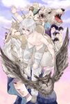  3girls 6+boys ascot bandaged_leg bandages barefoot bear bird black_hair blonde_hair blue_jacket bonchien_nicoli_la_tasty_peach_uralis character_request child cloak colored_tips dress facial_hair facial_mark fumetsu_no_anata_e fushi green_eyes green_hair grey_hair grey_pants gugu_(fumetsu_no_anata_e) hairo_rich head_scarf headband helmet highres hood hood_up horse iddy_(fumetsu_no_anata_e) imasaranochiyo injury jacket jar kahaku_(fumetsu_no_anata_e) kai_renald_rawle kansatsusha looking_at_viewer looking_to_the_side march_(fumetsu_no_anata_e) messar_robin_bastar multicolored_hair multiple_boys multiple_girls one_eye_closed one_eye_covered oniguma_(fumetsu_no_anata_e) outstretched_arm owl pants pompadour profile purple_cloak purple_eyes purple_hair riding scar scar_on_face shirt shoes sky smile soles stubble sweater tonari_dalton topless_male turtleneck turtleneck_sweater white_ascot 