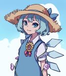  1girl absurdres blouse blue_bow blue_dress blue_eyes blue_hair blue_ribbon blue_sky bow cirno cloud cloudy_sky commentary_request day dress dress_shirt flower hair_bow hat highres ice ice_wings kame_(kamepan44231) one-hour_drawing_challenge outdoors pinafore_dress plant puffy_short_sleeves puffy_sleeves red_bow red_ribbon ribbon shirt short_hair short_sleeves sky straw_hat sunflower tan tanned_cirno touhou vines white_blouse white_shirt wing_collar wings 