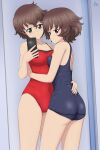  2girls absurdres acrux akiyama_yoshiko akiyama_yukari artist_logo ass blue_one-piece_swimsuit brown_eyes brown_hair cellphone closed_mouth commentary covered_navel dated earrings english_commentary from_behind girls_und_panzer half-closed_eyes highres holding holding_phone hug jewelry looking_at_viewer looking_back messy_hair mother_and_daughter multiple_girls old_school_swimsuit one-piece_swimsuit phone red_one-piece_swimsuit ring school_swimsuit selfie short_hair smartphone smile standing stud_earrings swimsuit wedding_ring 