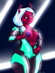absurd_res adiago alien big_breasts big_butt breasts butt clothing female female/female flashing flashing_breasts hair hi_res in_undress latex latex_clothing mother_(lore) parent_(lore) rubber_clothing science_fiction smile smirk solo spacesuit thick_thighs undressing white_hair wide_hips