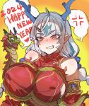  1girl 2024 bare_shoulders blue_hair blue_horns bow_(bhp) breasts china_dress chinese_clothes chinese_zodiac clenched_teeth dragon dragon_girl dragon_horns dress eastern_dragon grey_hair happy_new_year horns large_breasts long_hair low_twintails multicolored_hair new_year original poi pointy_ears red_dress red_eyes sleeveless sleeveless_dress solo teeth twintails two-tone_hair upper_body year_of_the_dragon 
