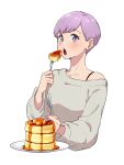  1girl bare_shoulders blush bra_strap cropped_torso eating edomon-do food fork grey_sweater hand_up highres holding holding_fork holding_knife knife long_sleeves looking_at_viewer off_shoulder open_mouth original pancake pancake_stack plate purple_eyes purple_hair short_hair simple_background solo sweater upper_body white_background 