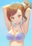 1girl armpits arms_behind_head arms_up bare_arms bare_shoulders bikini blue_background breasts brown_eyes brown_hair cleavage closed_mouth commentary_request face futami_mami hair_tie hair_tie_in_mouth idolmaster idolmaster_(classic) idolmaster_million_live! idolmaster_million_live!_theater_days jewelry looking_at_viewer medium_breasts mouth_hold necklace pearl_necklace ponytail purple_bikini solo swimsuit tomamatto tying_hair upper_body wet 
