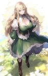  1girl absurdres baketsu blonde_hair boots braid breasts brown_footwear cleavage clenched_hands crown_braid dress elf frilled_dress frills full_body green_dress green_eyes highres large_breasts long_hair original pointy_ears puffy_sleeves solo 