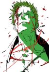  1boy blood blood_on_face blood_splatter close-up collarbone earrings fengcheche green_hair green_theme head highres injury jewelry looking_at_viewer male_focus one_piece open_clothes roronoa_zoro scar scar_across_eye scar_on_chest scar_on_face short_hair signature single_earring solo upper_body white_background 