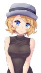  1girl absurdres black_shirt blonde_hair blue_eyes breasts closed_mouth commentary_request earrings eyelashes grey_headwear hat highres jewelry looking_at_viewer maho_(corotonton5150) pokemon pokemon_xy serena_(pokemon) shirt short_hair simple_background sleeveless sleeveless_shirt smile solo upper_body white_background 