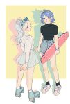  2girls aged_up arms_behind_back black_shirt blue_eyes blue_footwear blue_hair boku_no_hero_academia bracelet denim denim_shorts eri_(boku_no_hero_academia) full_body grey_hair grey_skirt hadou_nejire hairband highres holding holding_skateboard jewelry multiple_girls oru_2ji pink_footwear ponytail red_eyes roller_skates shirt shorts skateboard skates skirt smile standing white_shirt 