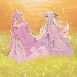  2girls ^_^ alternate_costume animal_ears baiheng_(honkai:_star_rail) closed_eyes commentary dress english_commentary fox_ears grass grey_dress grey_hair grin highres holding holding_hands honkai:_star_rail honkai_(series) jingliu_(honkai:_star_rail) long_hair long_sleeves looking_at_viewer miiilkfoam multiple_girls purple_dress purple_hair red_eyes smile very_long_hair wide_sleeves 