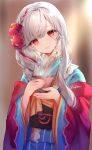  1girl anna_(sennen_sensou_aigis) blue_kimono blurry blurry_background blush braid commentary cup flower frilled_kimono frills hair_flower hair_ornament head_tilt hi-na1 holding holding_cup hot_drink japanese_clothes kimono long_hair long_sleeves looking_at_viewer obi official_alternate_costume parted_hair parted_lips red_eyes red_ribbon ribbon ribbon_braid sash sennen_sensou_aigis side_braid signature smile solo standing upper_body white_hair wide_sleeves 