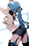  1girl absurdres alternate_costume arched_back arms_behind_head arms_up ass back bare_shoulders black_gloves black_shorts black_thighhighs blue_eyes blue_hair cowboy_shot fingerless_gloves from_behind gloves hair_between_eyes hair_ornament hashtag_only_commentary hatsune_miku highres long_hair looking_at_viewer looking_back midriff rerendi short_shorts shorts simple_background solo sports_bra thighhighs twintails very_long_hair vocaloid white_background white_sports_bra 