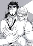  2boys bara beard blush facial_hair fire full_beard greyscale hand_on_another&#039;s_chest hand_on_another&#039;s_hand head_on_another&#039;s_shoulder head_rest highres hug hug_from_behind huge_eyebrows kresnik_(housamo) large_hands long_hair male_focus mature_male monochrome multiple_boys muscular muscular_male necktie pectoral_cleavage pectorals sandayu_(housamo) scar scar_on_cheek scar_on_face scar_on_forehead shaded_face shirt short_hair thick_beard tokyo_afterschool_summoners unplugged_line upper_body yaoi 