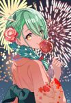  1girl bow braid candy_apple ceres_fauna ceres_fauna_(new_year) fireworks floral_print flower food green_hair highres hololive hololive_english japanese_clothes kimono leopxl looking_at_viewer official_alternate_costume pixel_art tongue virtual_youtuber 