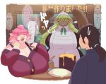 anthro bare_shoulders big_breasts black_hair blush breasts cleavage clothed clothing domestic_pig eyes_closed faceless_character faceless_male female flexing food furniture green_hair group hair hi_res honey_(food) huge_breasts human japanese_text long_hair maid_headdress maid_uniform male mammal open_mouth pink_body pink_hair ponytail sasanoha6011 short_hair sitting smile suid suina sus_(pig) table text translation_request trio twintails_(hairstyle) uniform white_body yellow_sclera