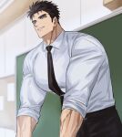  1boy bara black_hair blue_eyes bursting_pectorals chalkboard classroom collared_shirt cowboy_shot day domo_(domo_kizusuki) highres indoors kokado_shido_(domo) large_pectorals male_focus muscular muscular_male original pectorals shirt short_hair sideburns sleeves_rolled_up smile solo teacher thick_eyebrows tight_clothes tight_shirt veins white_shirt 